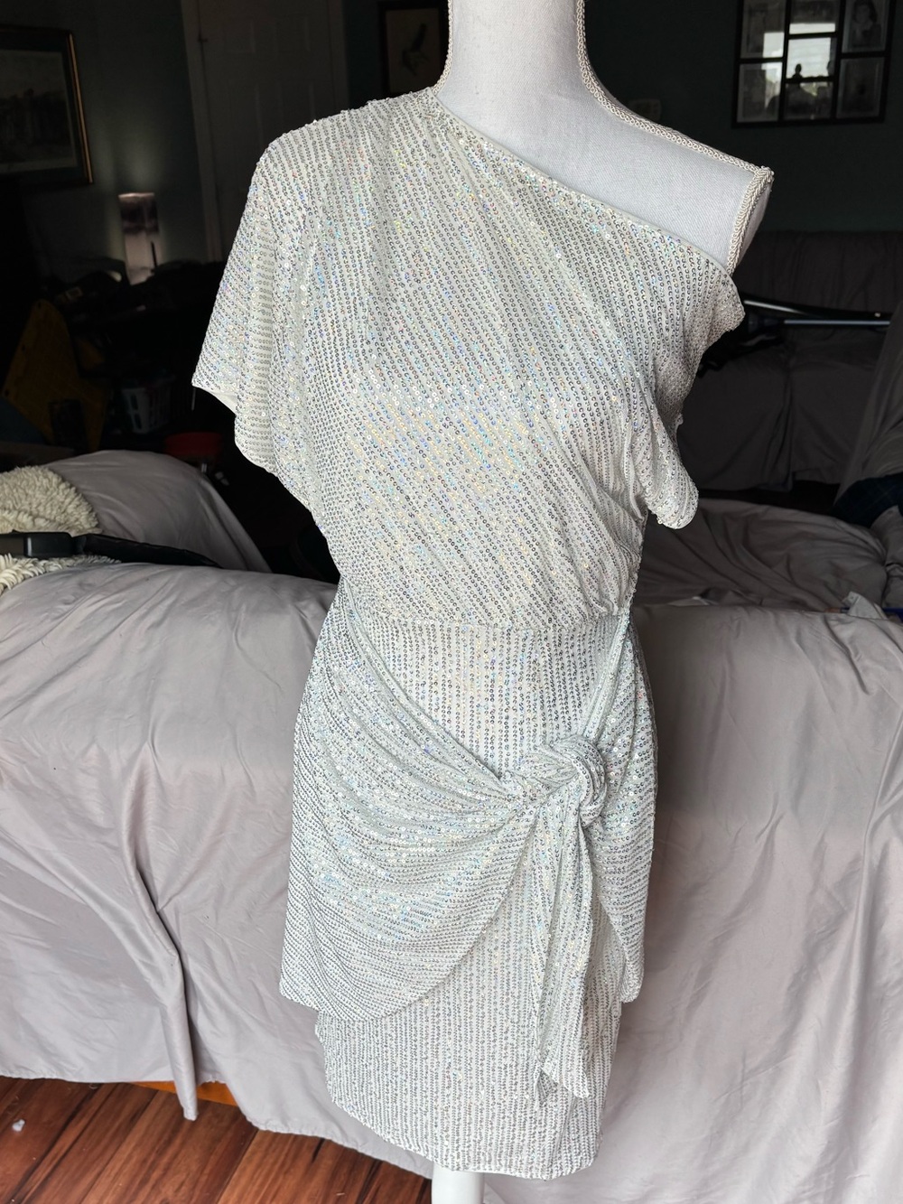 Grace Karin One-Shoulder Draped Silver Sequin Mini Dress